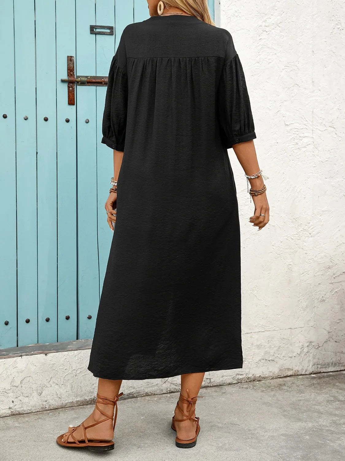 Embroidered Notched Half Sleeve Midi Dress - TNT Dress Co.