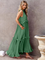 Ruffled Sleeveless Tiered Maxi Dress with Pockets - TNT Dress Co.