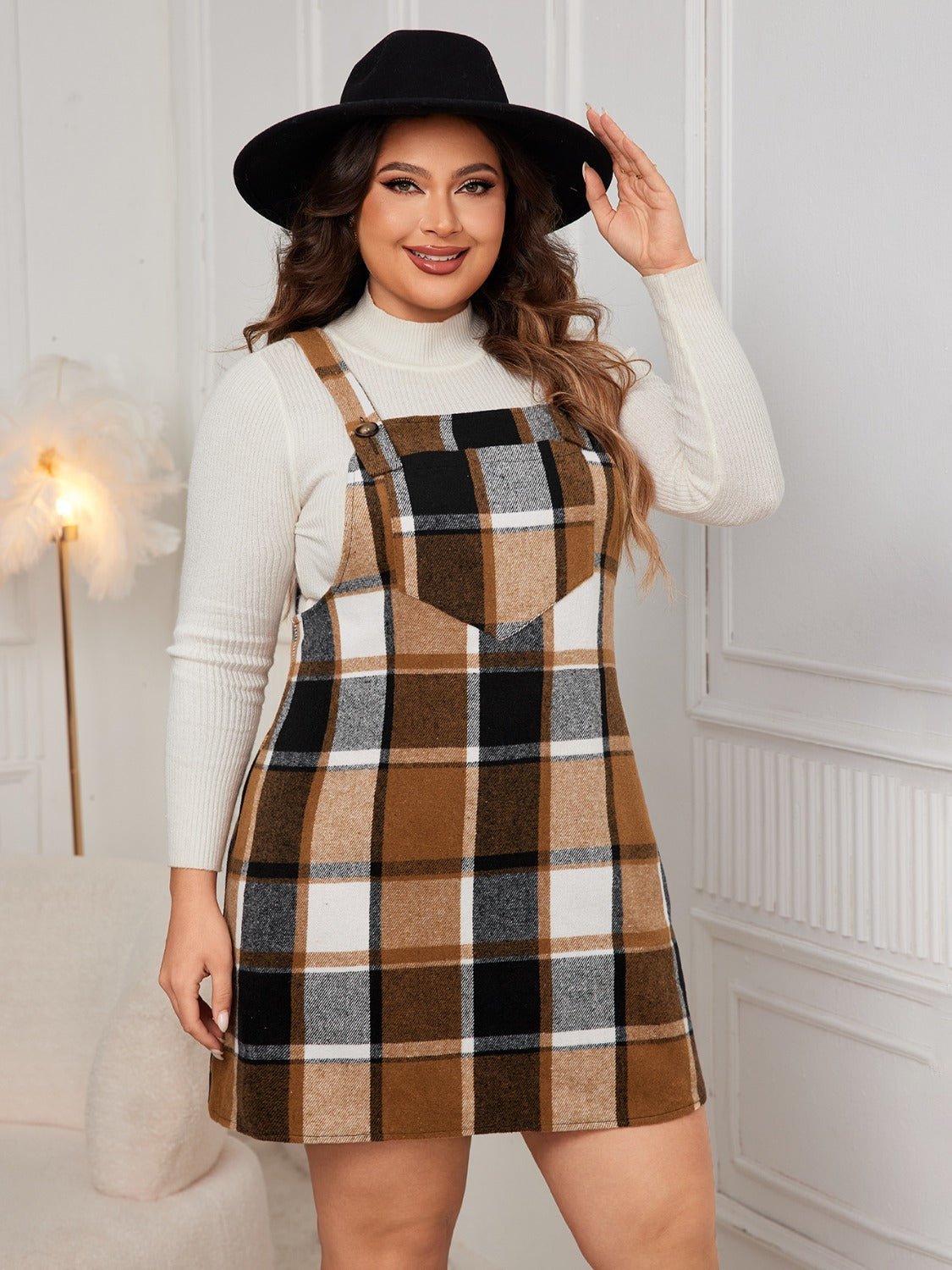 Plus Size Honey Plaid Wide Strap Overall Dress - TNT Dress Co.