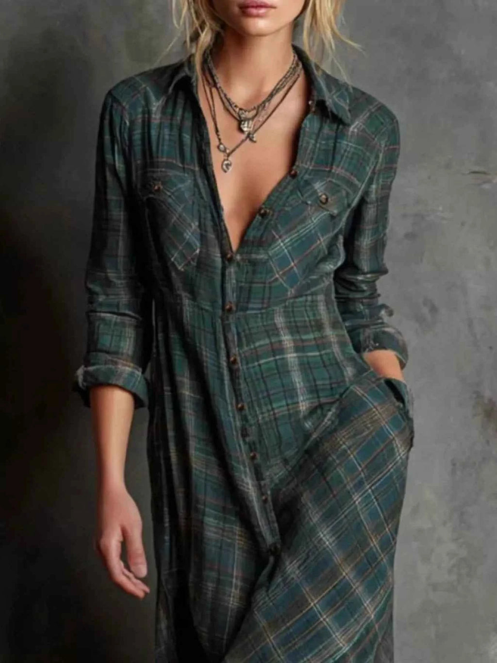 Full Size Plaid Button-Down Maxi Dress Plus Size