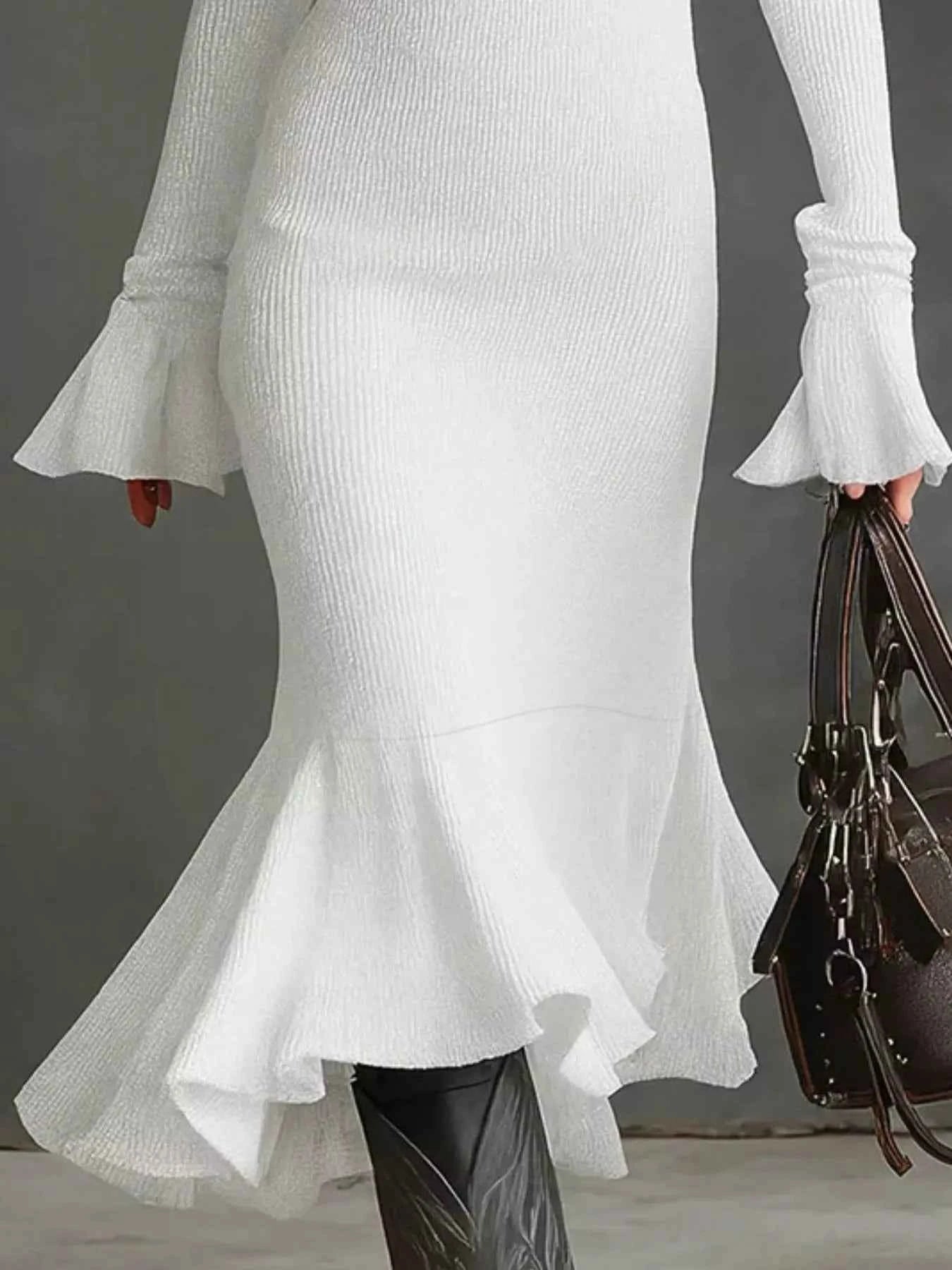 Ribbed Knit Zip Front Flare Hem Midi Dress