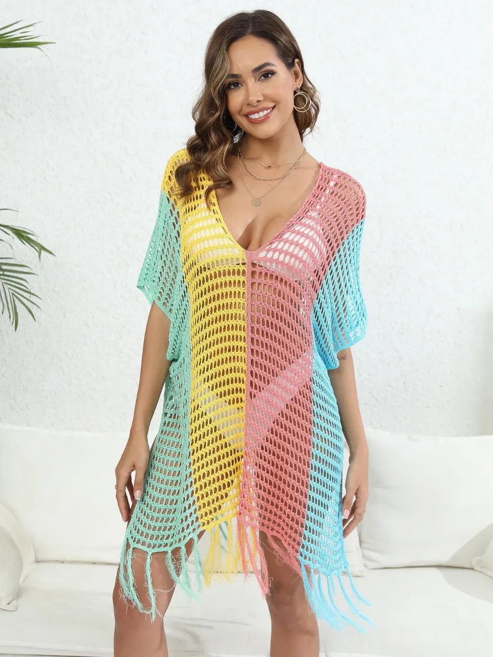 Fringe Color Block Scoop Neck Cover Up - TNT Dress Co.