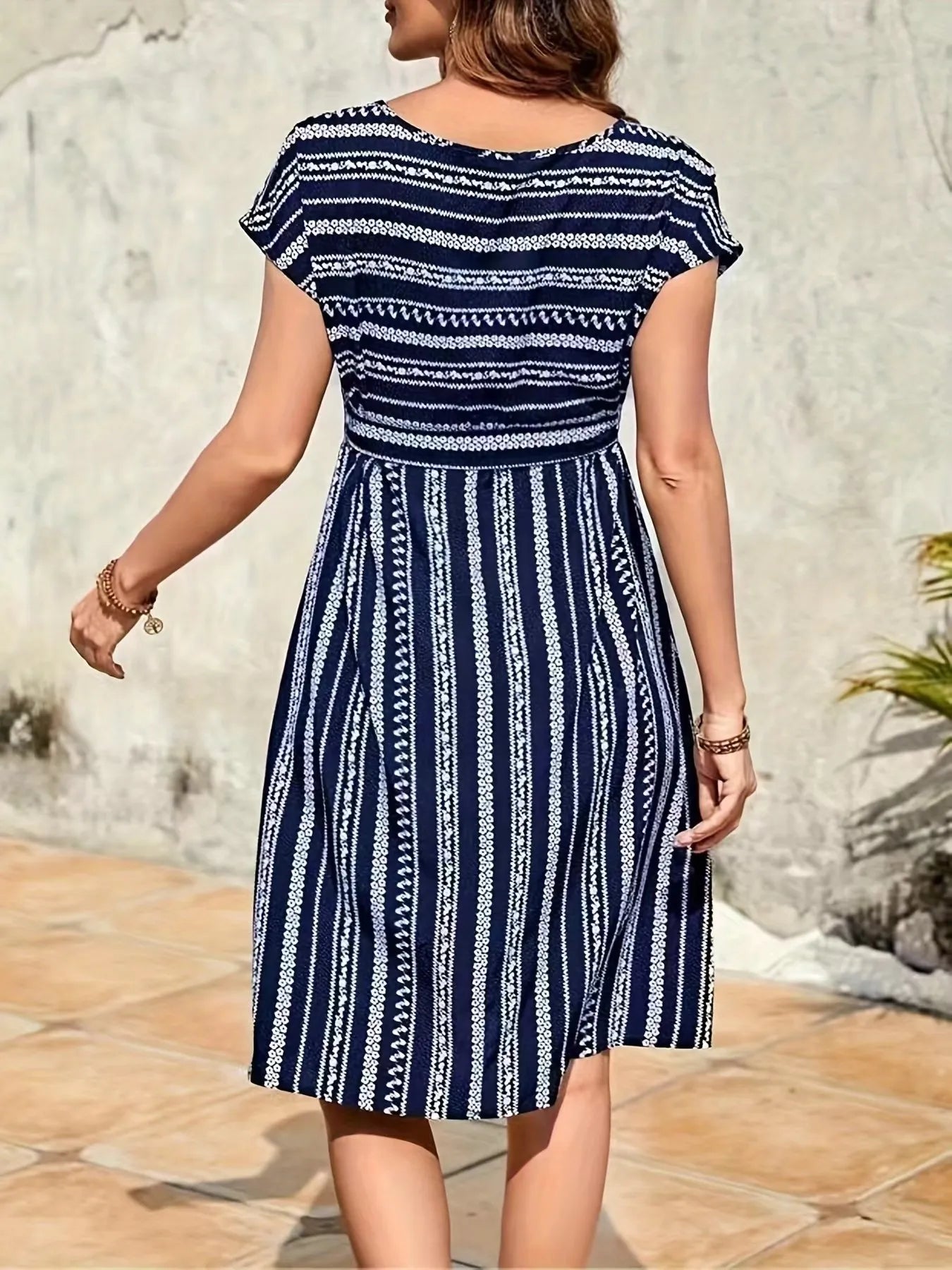 Striped Round Neck Short Sleeve Casual Dress - TNT Dress Co.