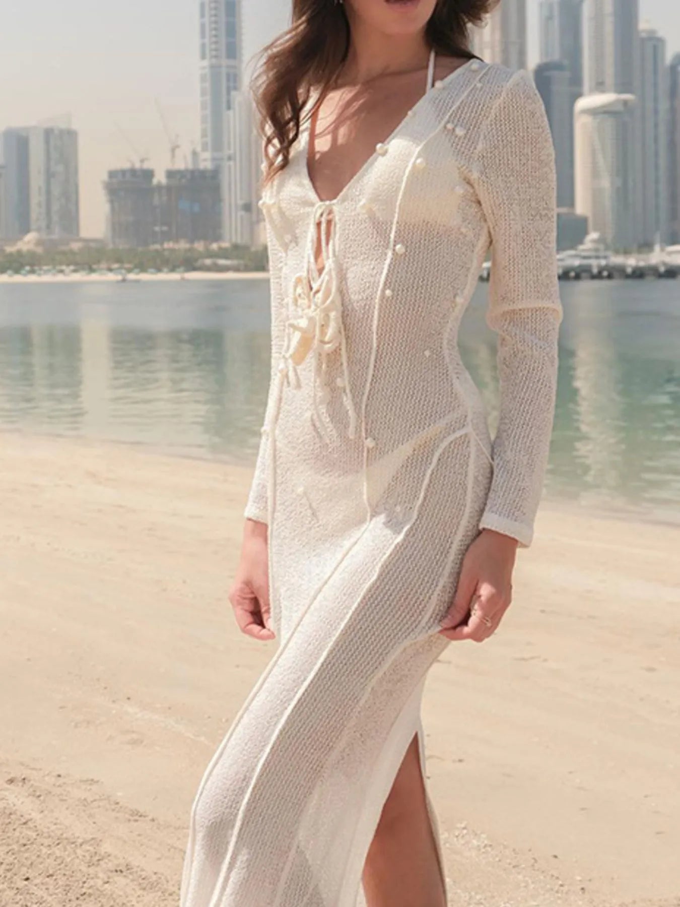 Pearl Detail Long Sleeve Knit Cover Up Dress - TNT Dress Co.