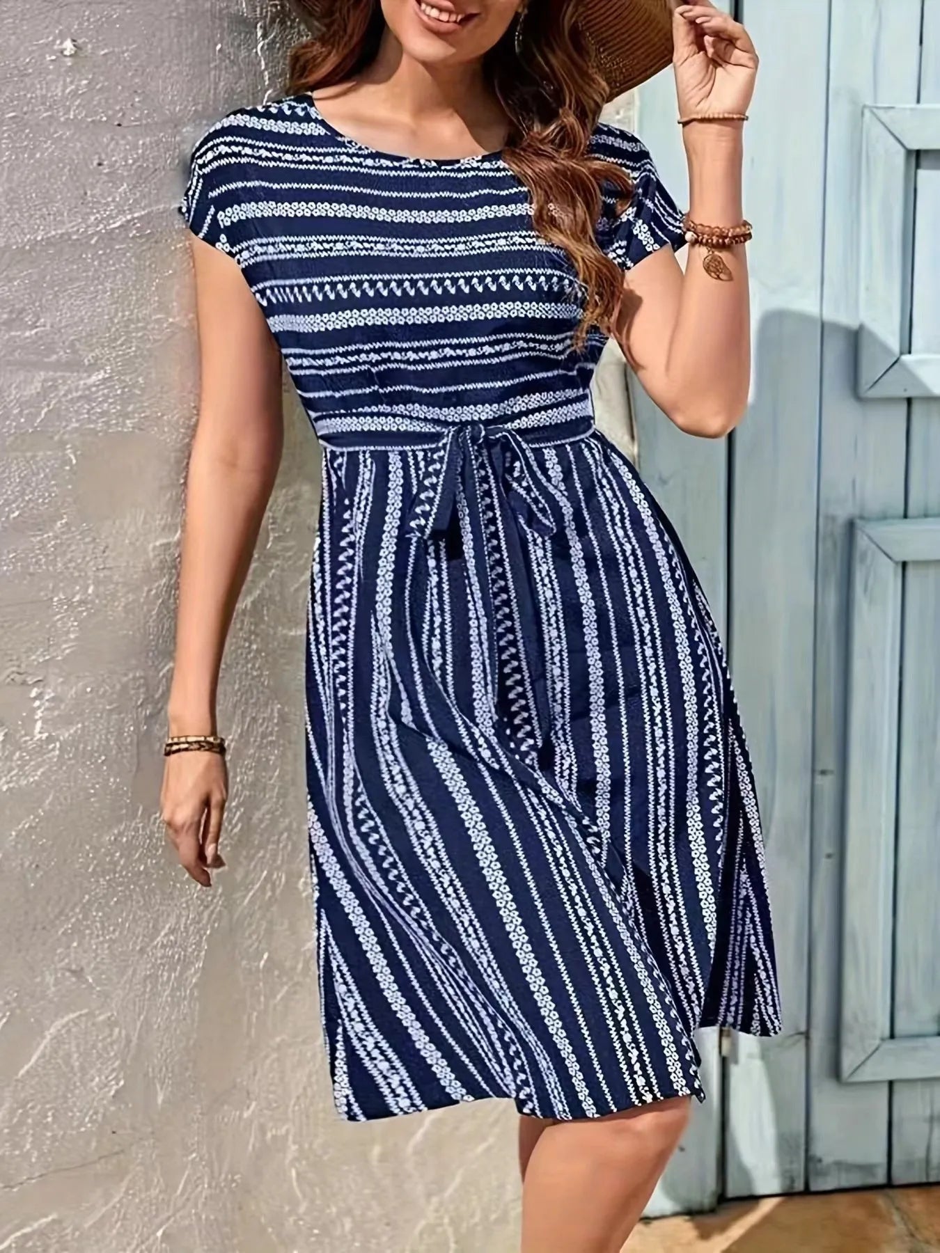 Striped Round Neck Short Sleeve Casual Dress - TNT Dress Co.