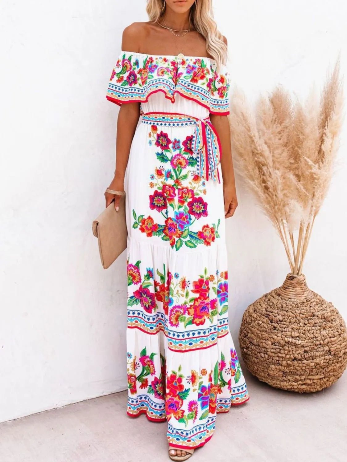 Floral Off Shoulder Ruffle Maxi Dress - TNT Dress Co.