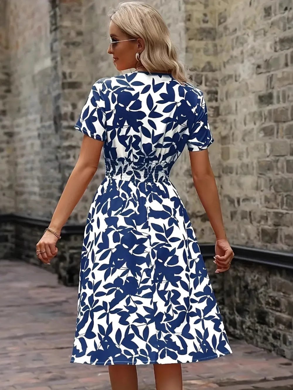 Printed Smocked Surplice Short Sleeve Dress - TNT Dress Co.