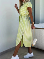 Striped Tie Waist Short Sleeve Dress - TNT Dress Co.