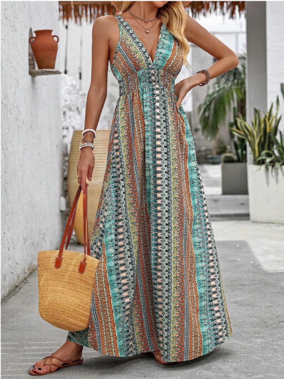 Tied Back Printed Sleeveless Maxi Slit Dress - TNT Dress Co.
