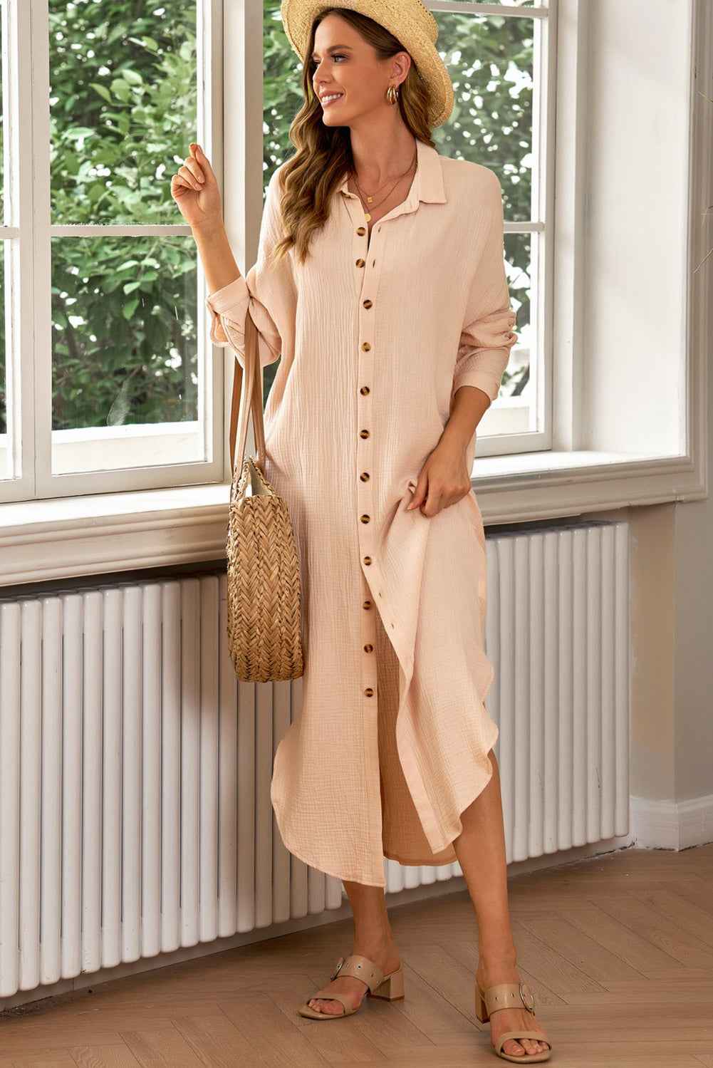 Textured Shirt Dress with Slit