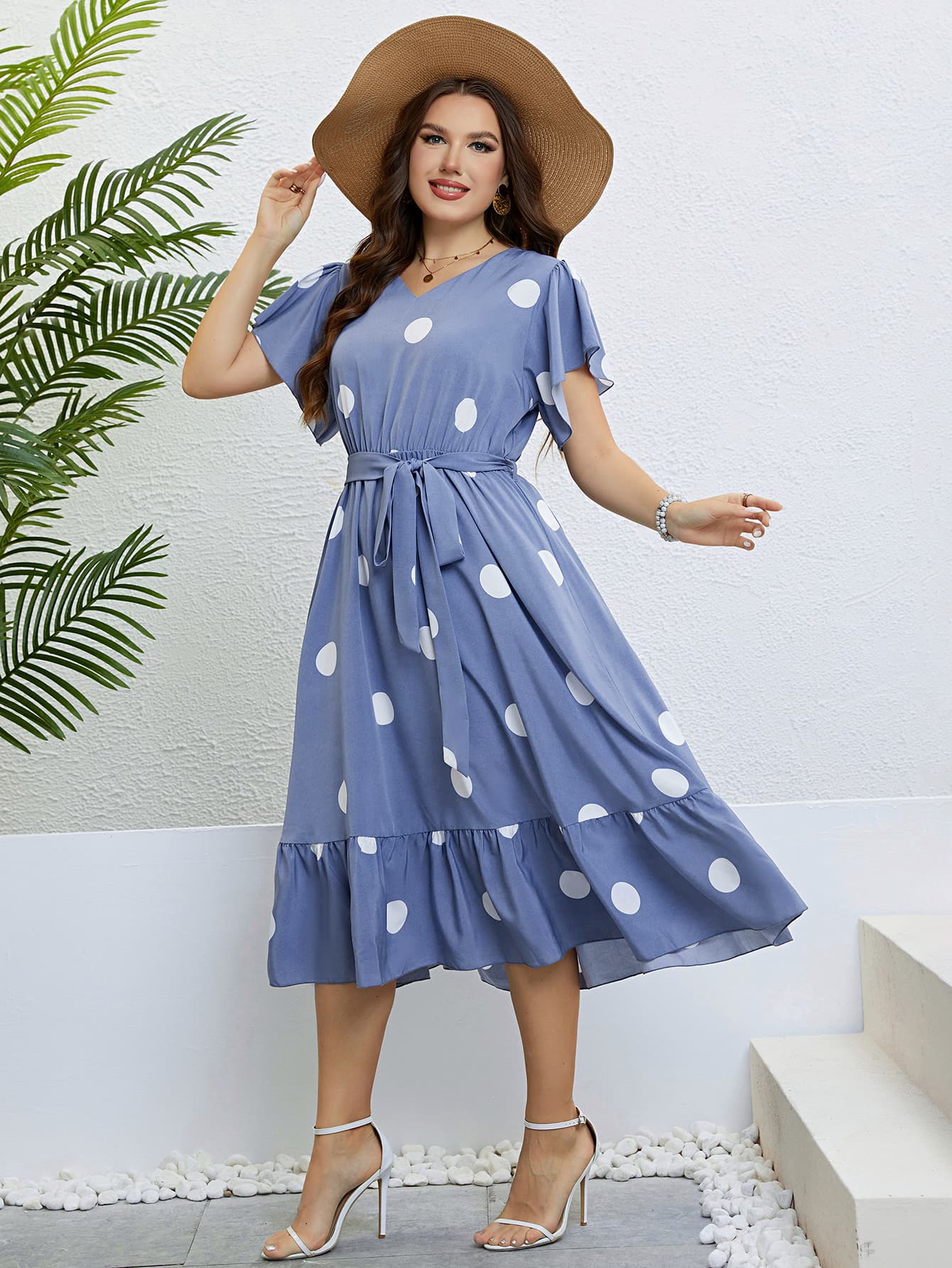 Honey Polka Dot Ruffle Hem Dress with Belted Waist & Flutter Sleeves - TNT Dress Co.