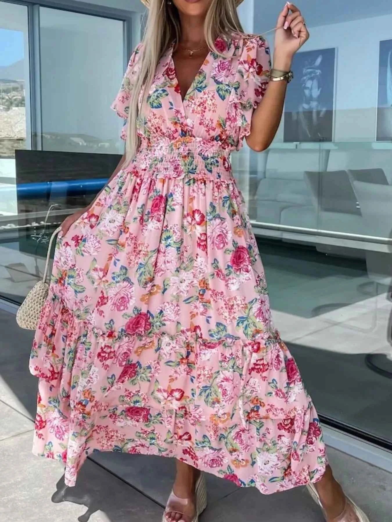 Floral Print Flutter Sleeve Maxi Dress