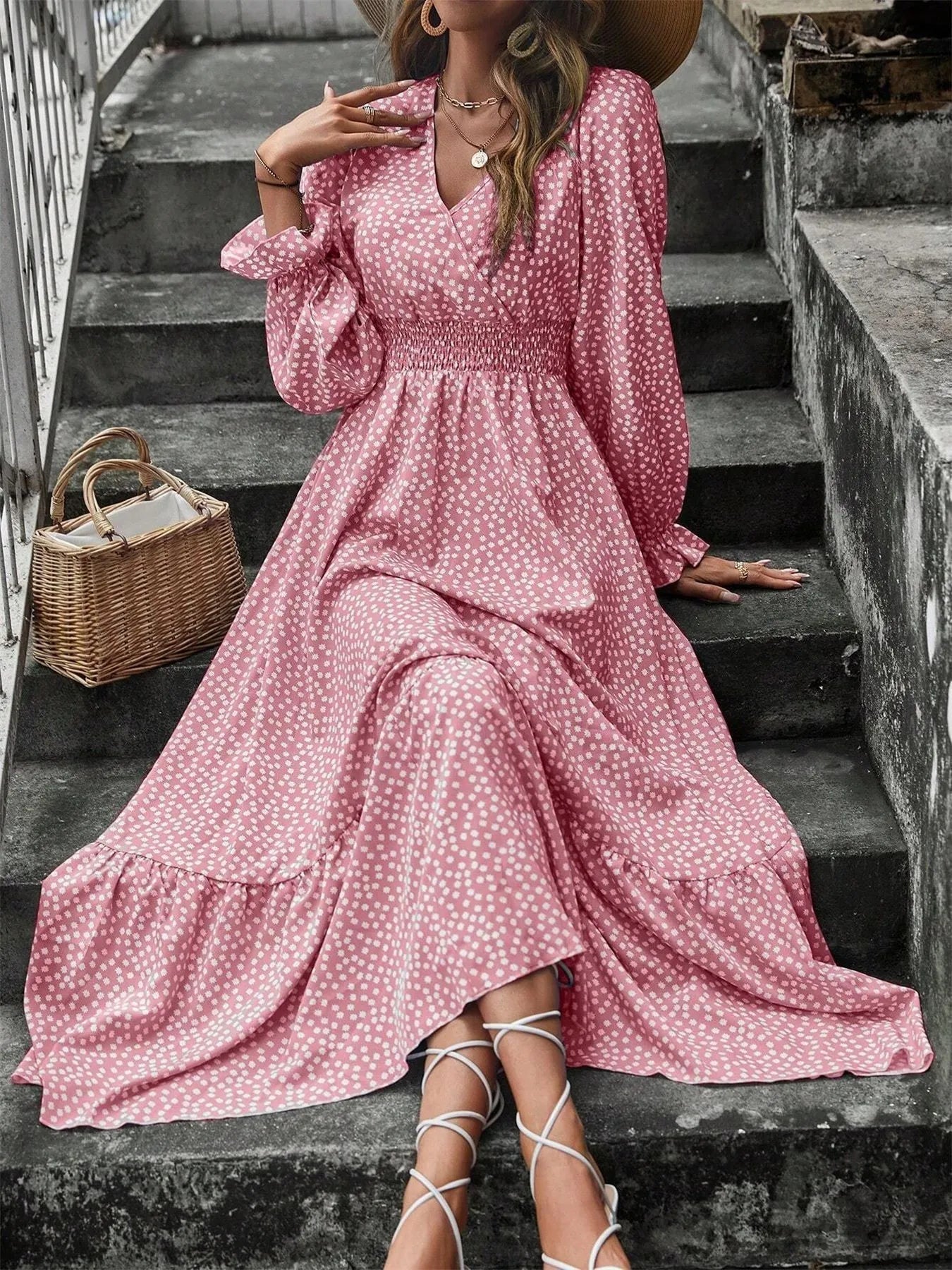 Smocked Waist Polka Dot Long Sleeve Maxi Dress - The Nicole - Tayan Dress Co.