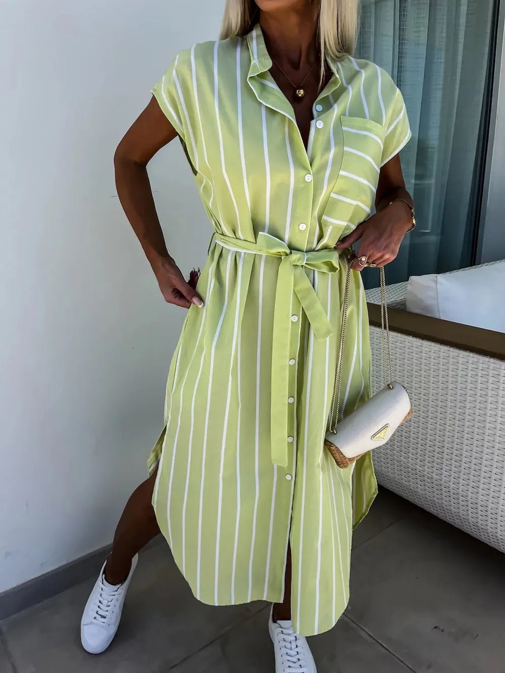 Striped Tie Waist Short Sleeve Dress - TNT Dress Co.