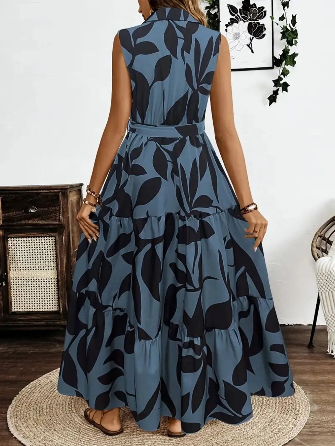 Printed Tie Waist Sleeveless Maxi Dress - TNT Dress Co.