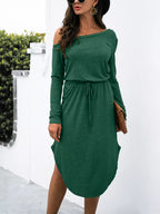One - Shoulder Long Sleeve Midi Dress with Drawstring Waist - The Nicole - Tayan Dress Co.