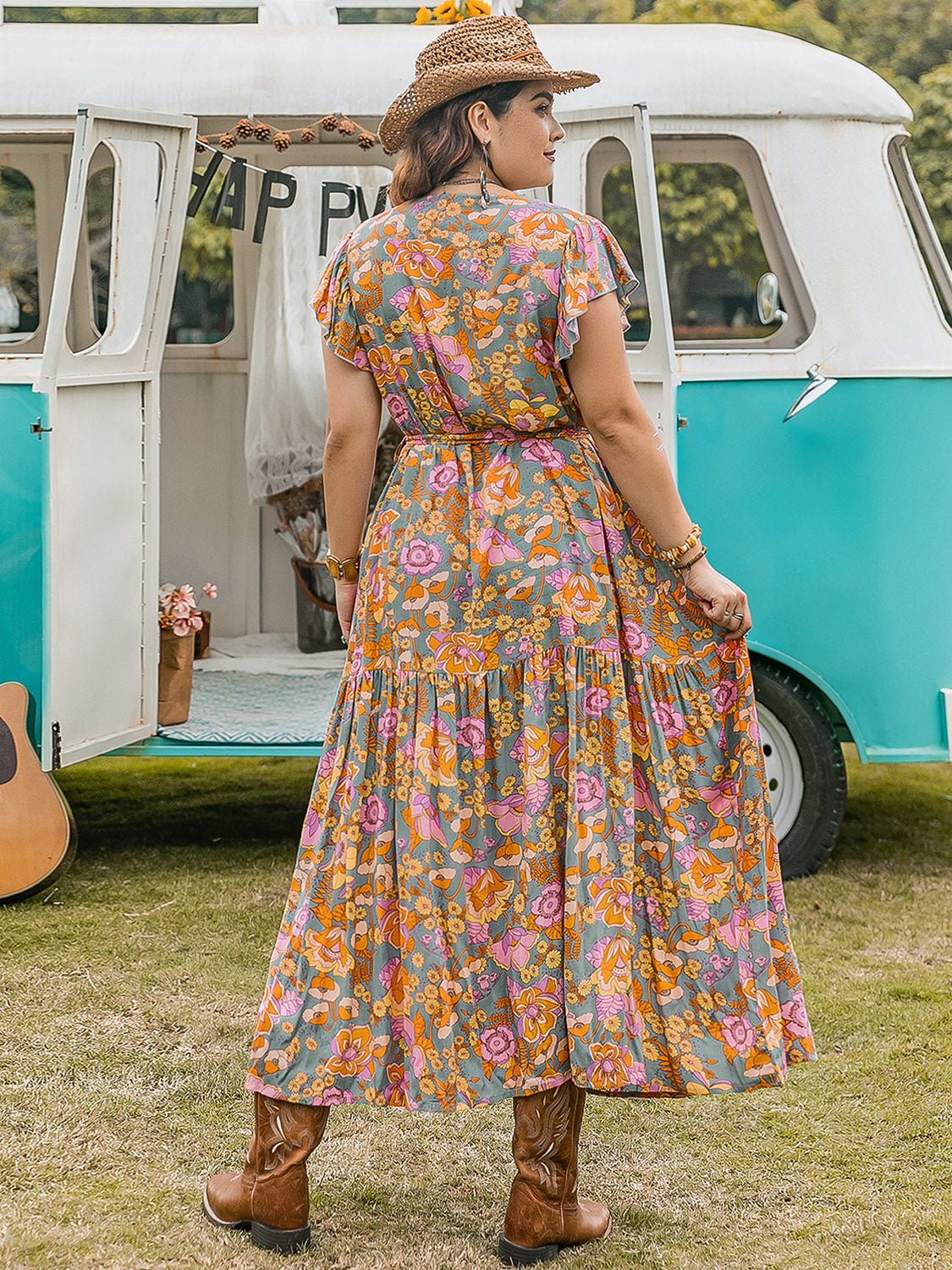 Plus Size Ruffled Cap Sleeve Printed Dress - TNT Dress Co.
