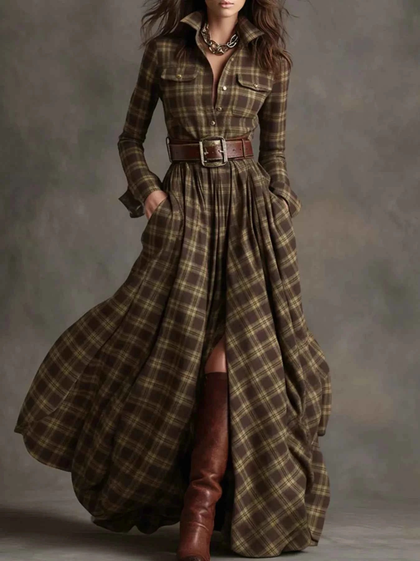 Plaid Button Front Maxi Shirt Dress
