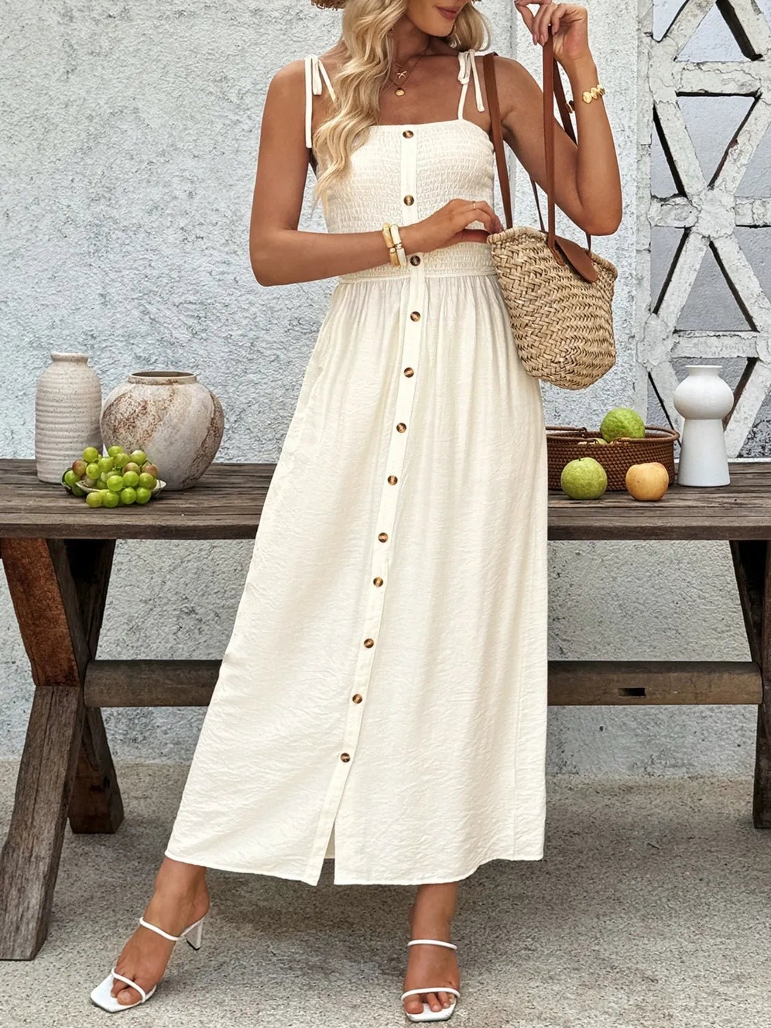 Smocked Button Front Tie Shoulder Dress - TNT Dress Co.