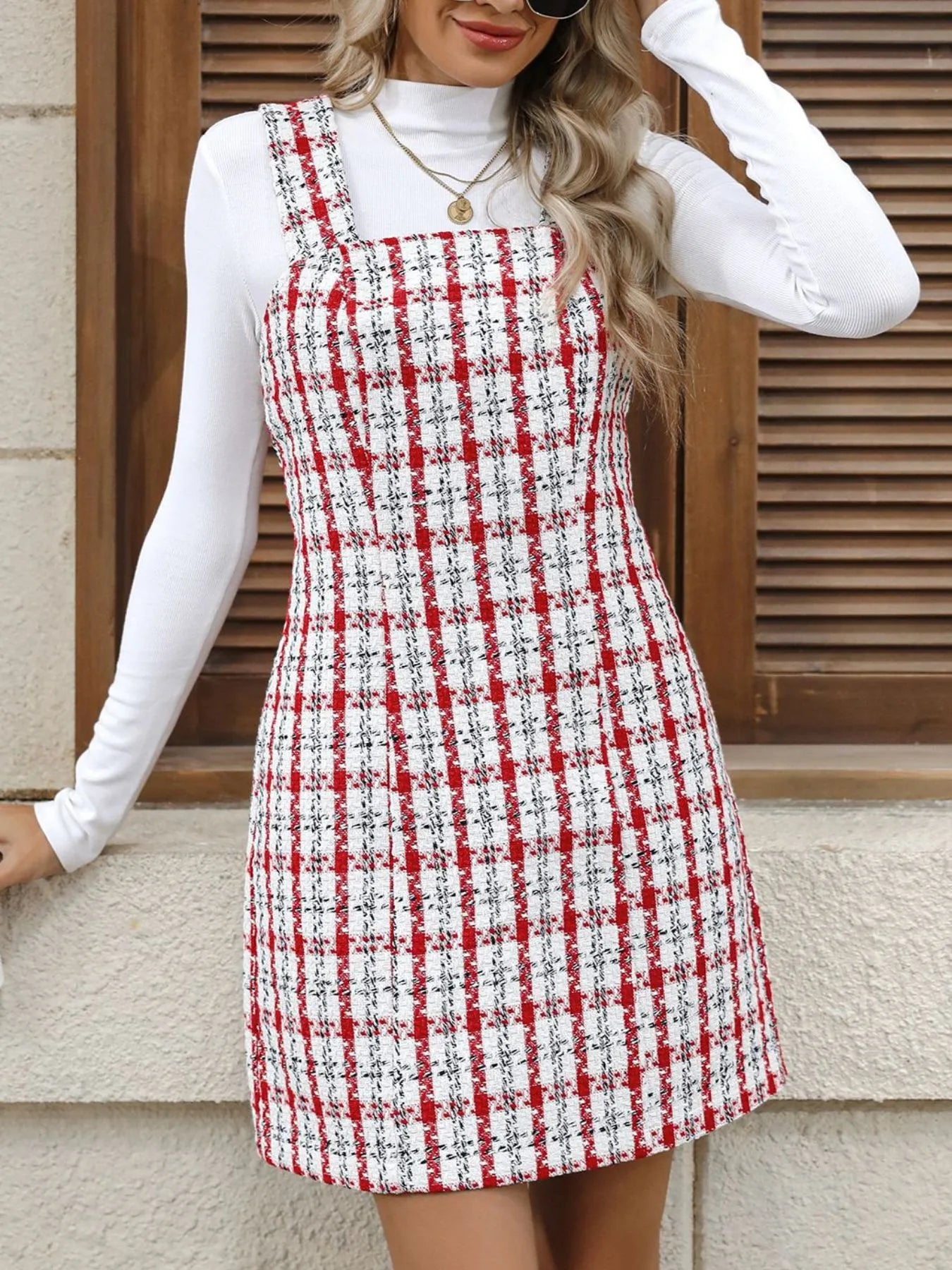 Plaid Tweed Square Neck Mini Dress - The Nicole - Tayan Dress Co.