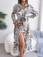 Printed Long Sleeve Midi Dress with Tied Detail - TNT Dress Co.