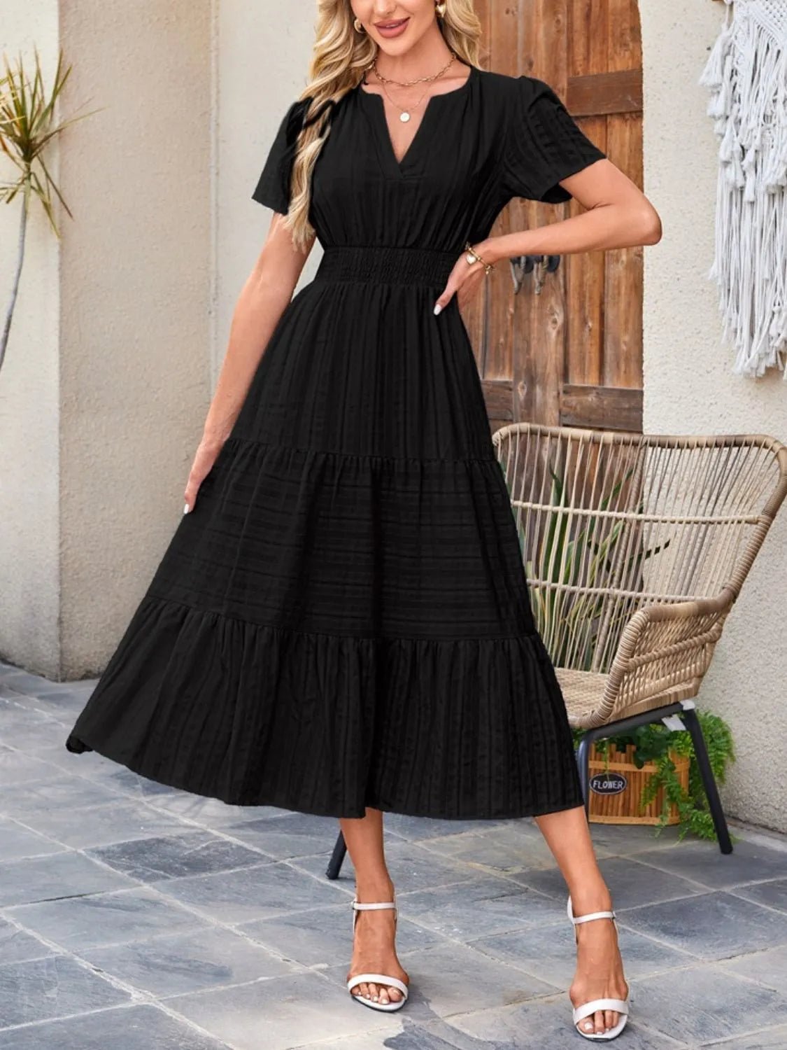 Tiered Notched Short Sleeve Dress - TNT Dress Co.