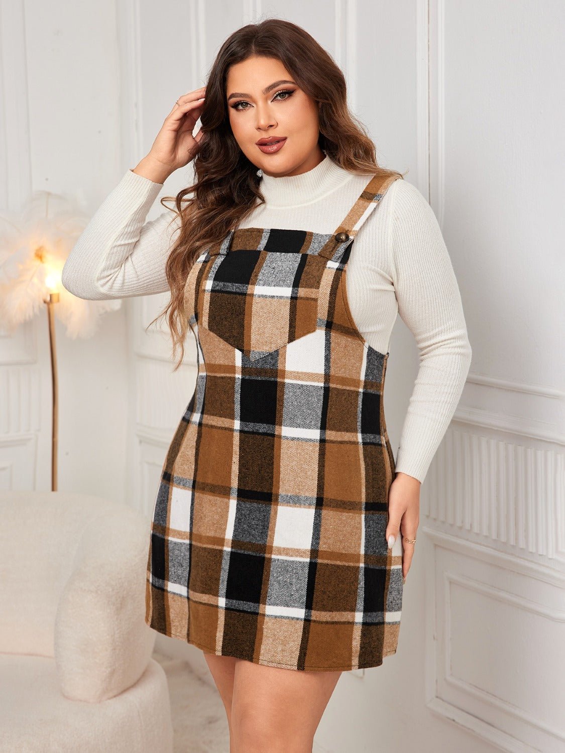 Plus Size Honey Plaid Wide Strap Overall Dress - TNT Dress Co.